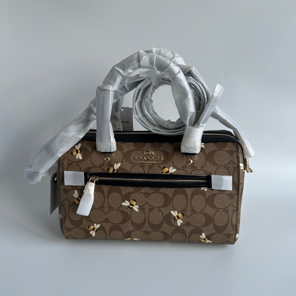 Coach Rowan Satchel Brown Bee Print Signature Canvas Leather Handbag NEW